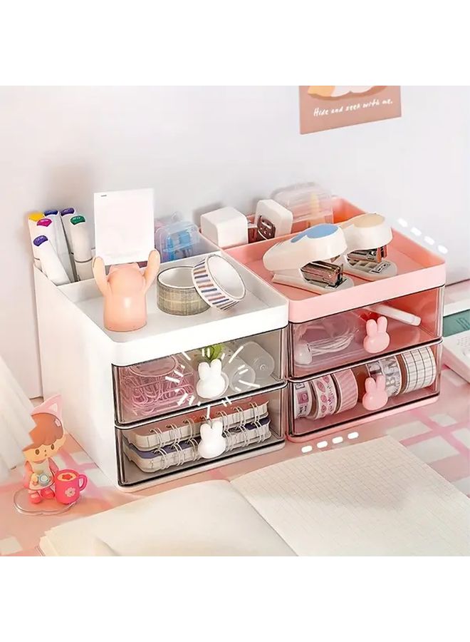 Pink Desktop Organizer With 2 Drawers Pen Holder Compact Makeup Storage Box - Image 5